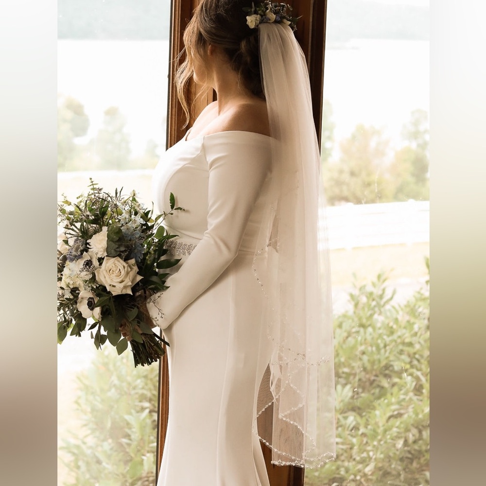 Davids bridal veil. Worn once. White with lined crystals.